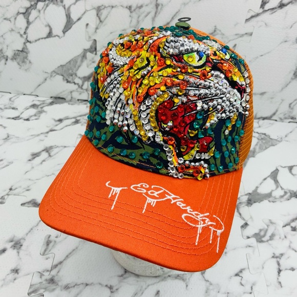 Ed Hardy Tiger OrangeMulticolor Rhinestone Trucker Hat NWT